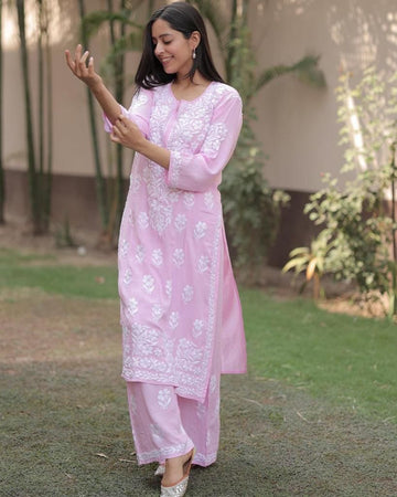Rayon Cotton Chikankari Kurta With Palazzo