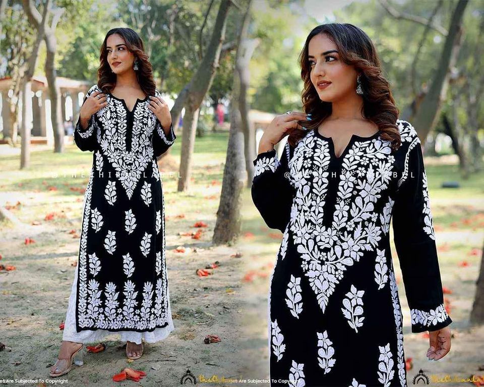 Navy Blue Rayon Cotton Chikankari Kurta With Palazzo Set