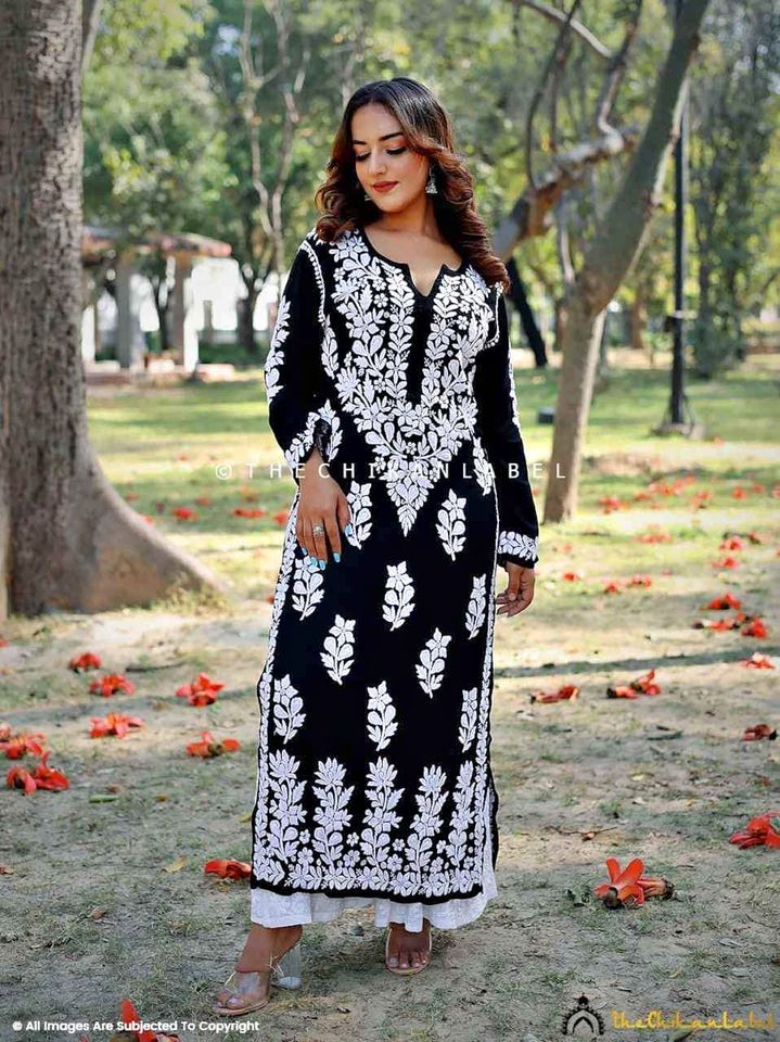 Navy Blue Rayon Cotton Chikankari Kurta With Palazzo Set