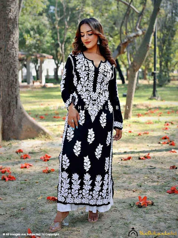 Navy Blue Rayon Cotton Chikankari Kurta With Palazzo Set