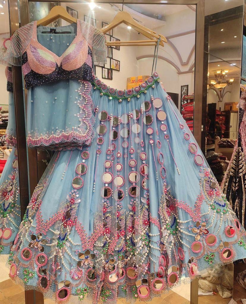 Launching 4 Meter Flare butterfly Real Mirror Sequins Embroidery work Lehenga BLOUSE with Cancan & Canvas Patta