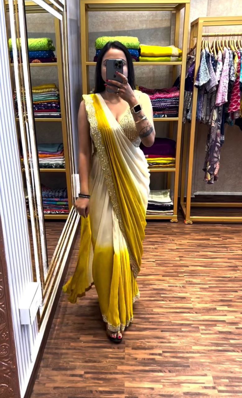 New Super Trending Embroidery Cording Work Ready To Wear Saree With Real Mirror Work With Embroidery Blouse
