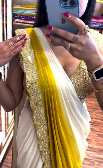 New Super Trending Embroidery Cording Work Ready To Wear Saree With Real Mirror Work With Embroidery Blouse