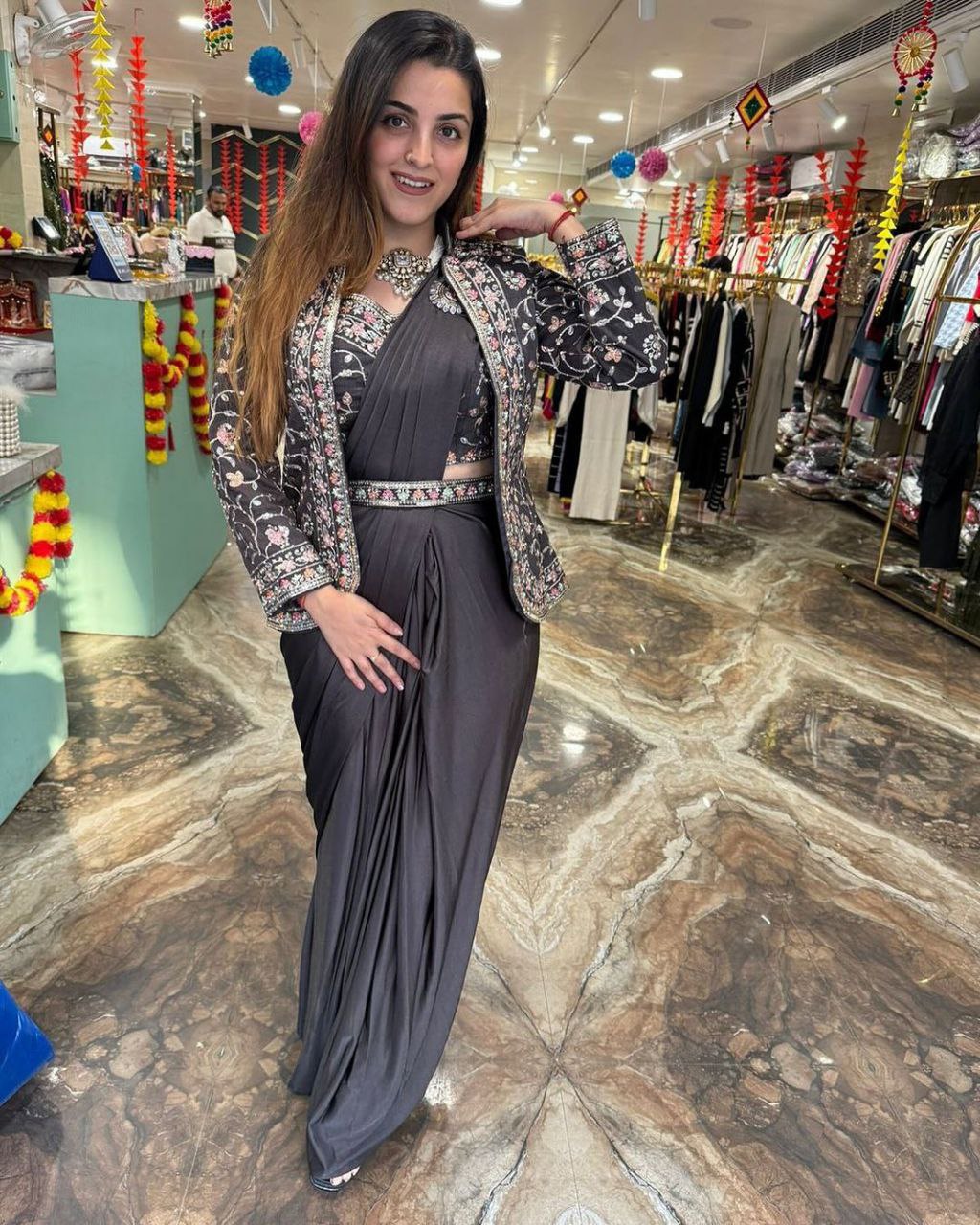 New Super Trending Embroidery Sequence work ready to wear saree with BLOUSE. full koti