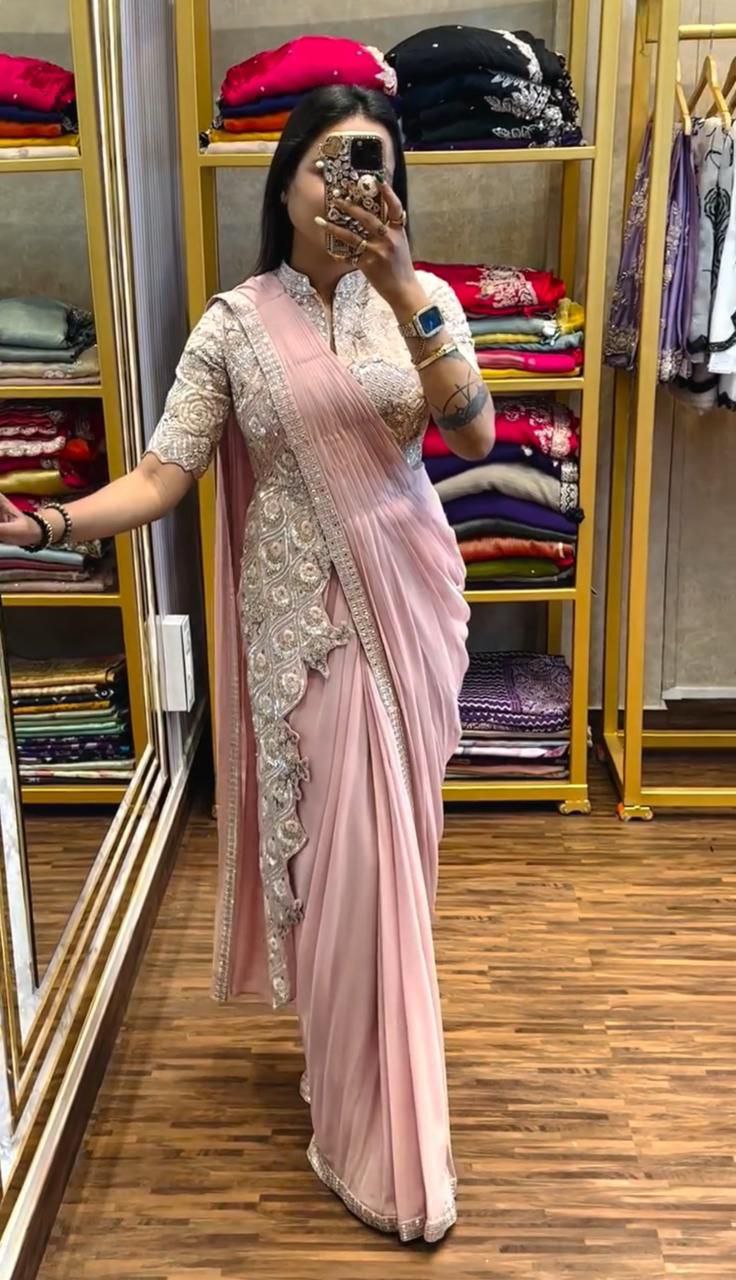 New Super Trending Embroidery cording work ready to wear saree with full koti