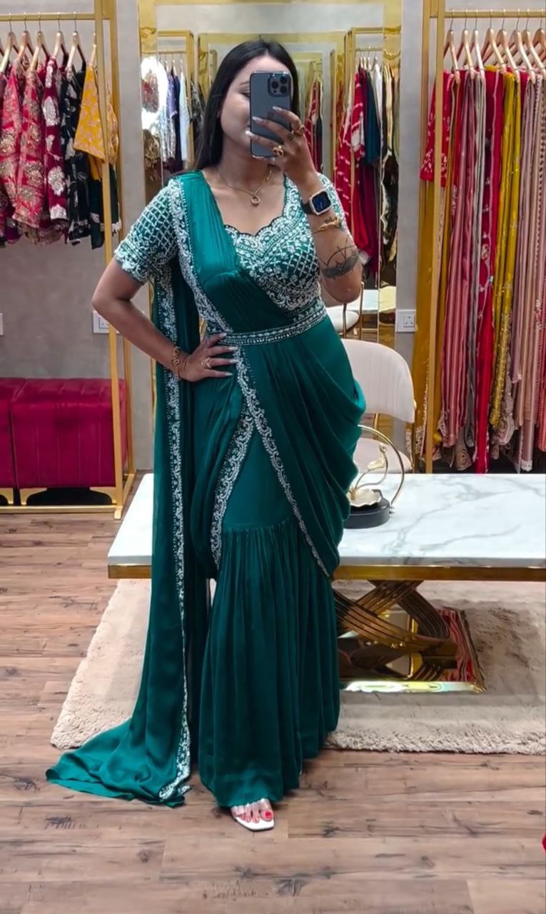 NEW DESIGNER PARTY WEAR LAHENGA SAREE WITH STICH BLOUSE WITH EMBROIDERY WORK