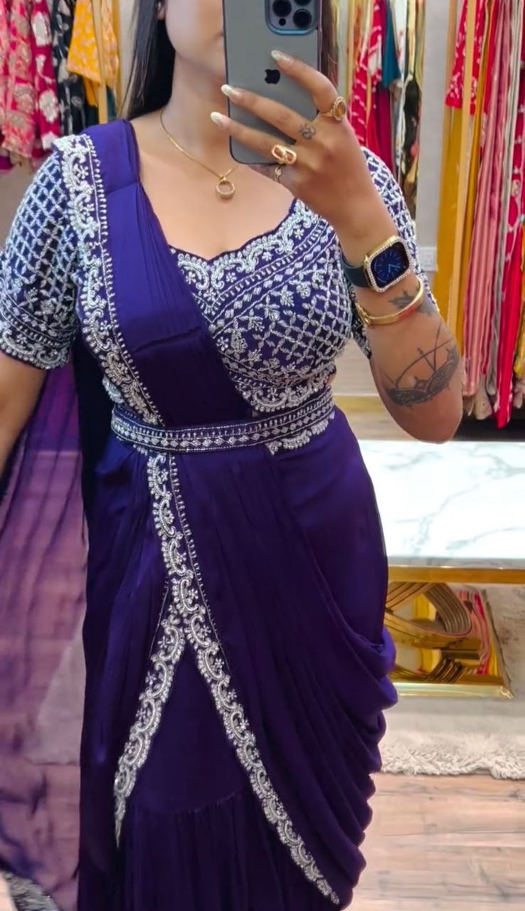 NEW DESIGNER PARTY WEAR LAHENGA SAREE WITH STICH BLOUSE WITH EMBROIDERY WORK