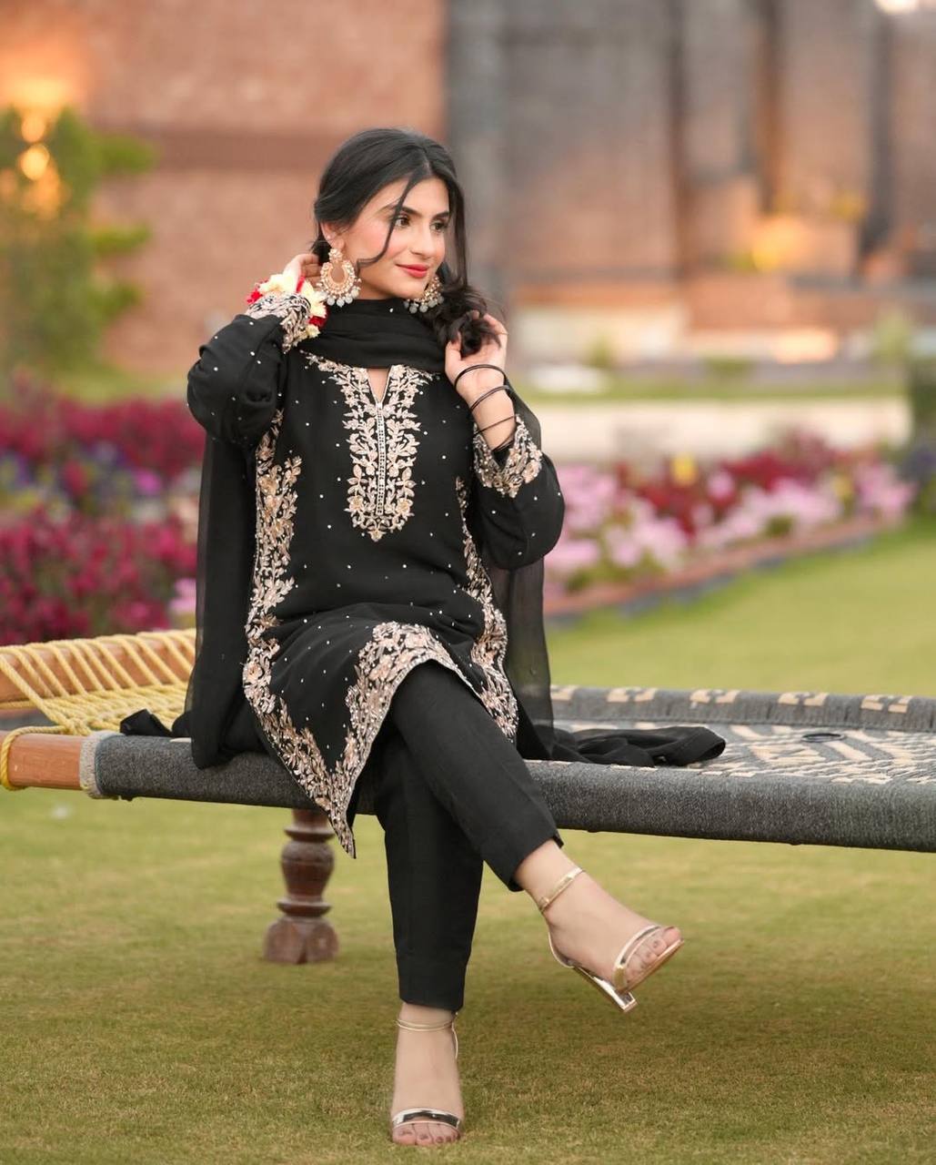 Presenting New Pakistani Eid Collection With Embroidery And Riveted Moti Work Top-Bottom And Dupatta Set Fully Stitched Ready To Wear