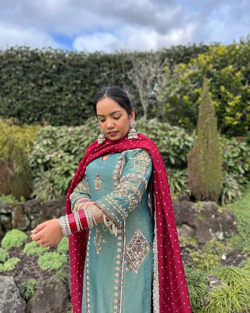 NEW DESIGNER WEAR HEAVY CHINE SEQUENCE WITH HEAVY HAND WORK PAKISTANI SUIT SET