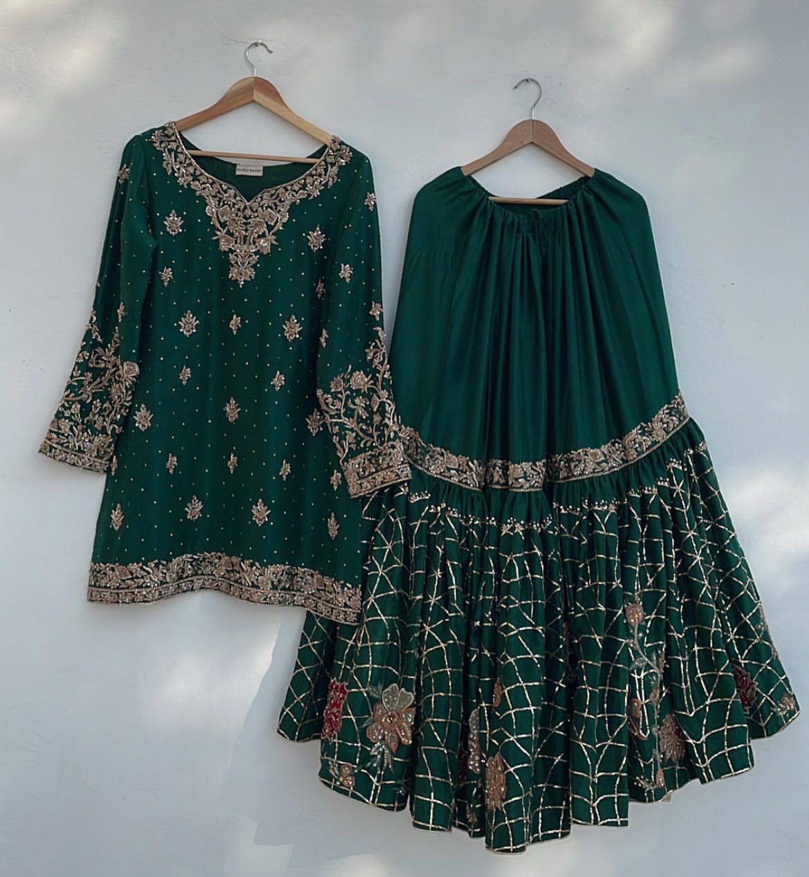 EXCLUSIVE DESIGNER HEAVY CHINON WITH SEQUANCE EMBROIDERY WORK SUIT WITH FULL FLAIR WORK SHARARA AND DUPATTA