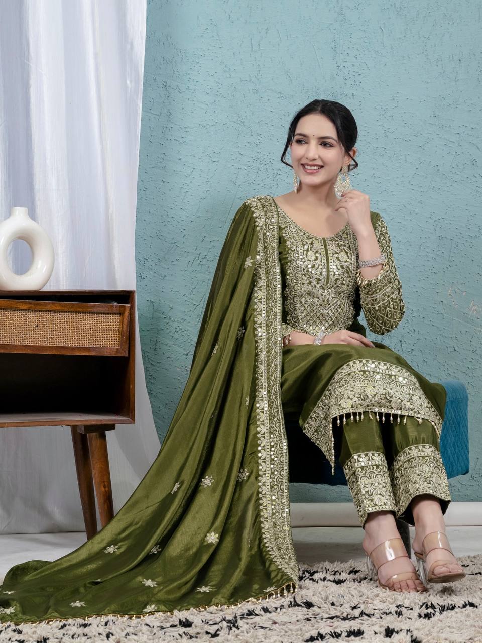 New LUNCHING BEAUTIFUL Pure Heavy Chinnon Silk With *Heavy Embroidery Coding Sequence Work DRESS SET