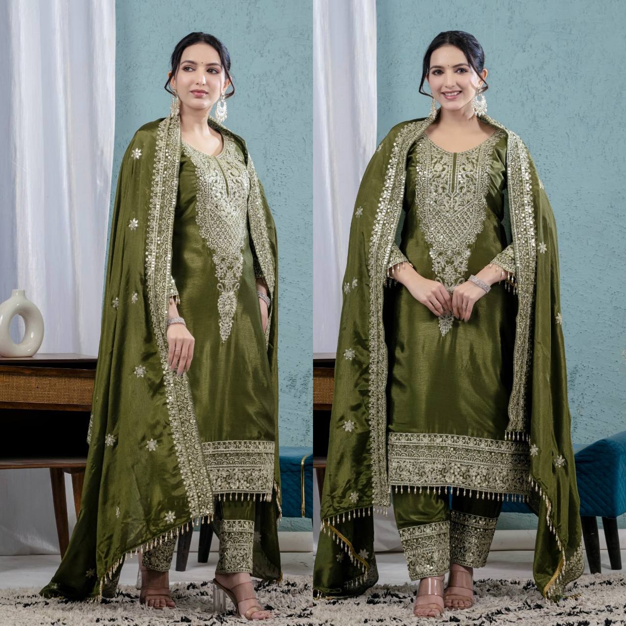 New LUNCHING BEAUTIFUL Pure Heavy Chinnon Silk With *Heavy Embroidery Coding Sequence Work DRESS SET