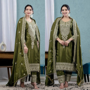 New LUNCHING BEAUTIFUL Pure Heavy Chinnon Silk With *Heavy Embroidery Coding Sequence Work DRESS SET