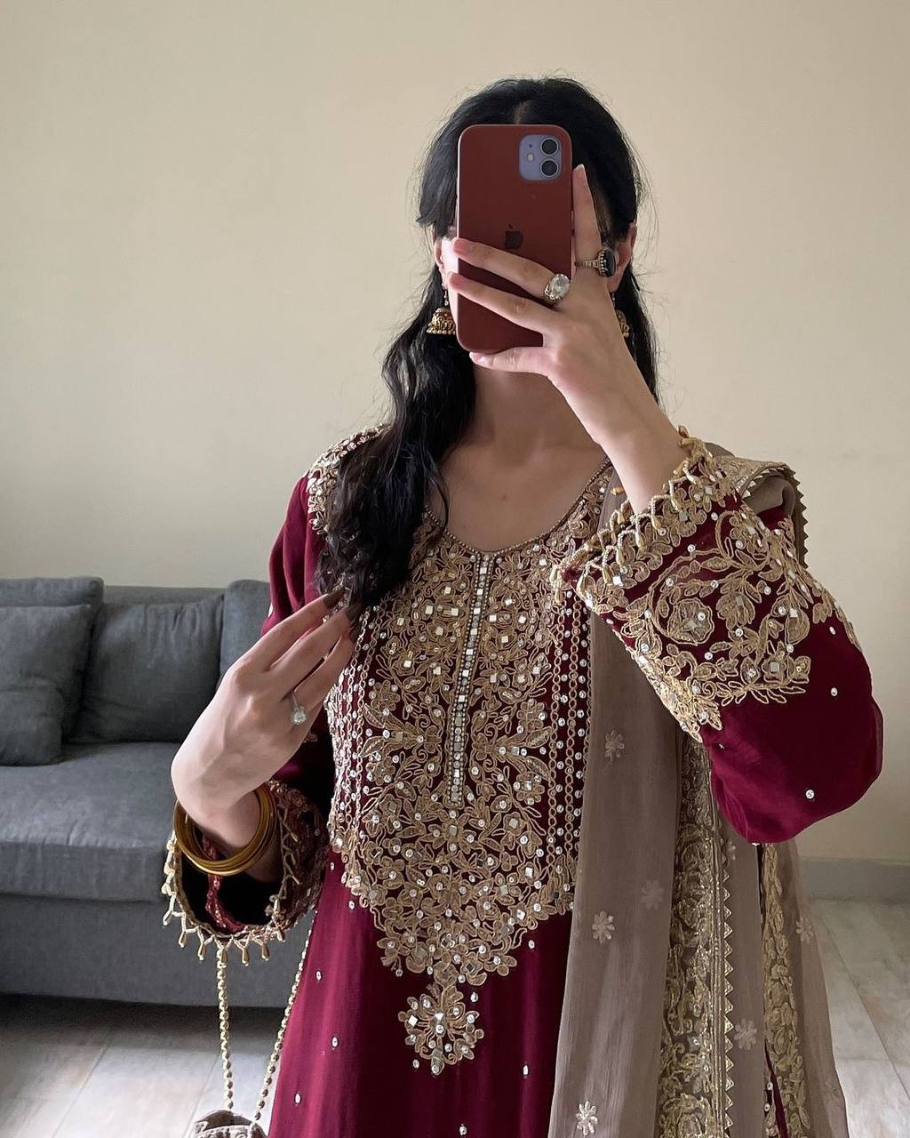 Looking for this same colour beautiful Designer Suit on Faux Georgette EMBROIDERY Work with Inner and Coding