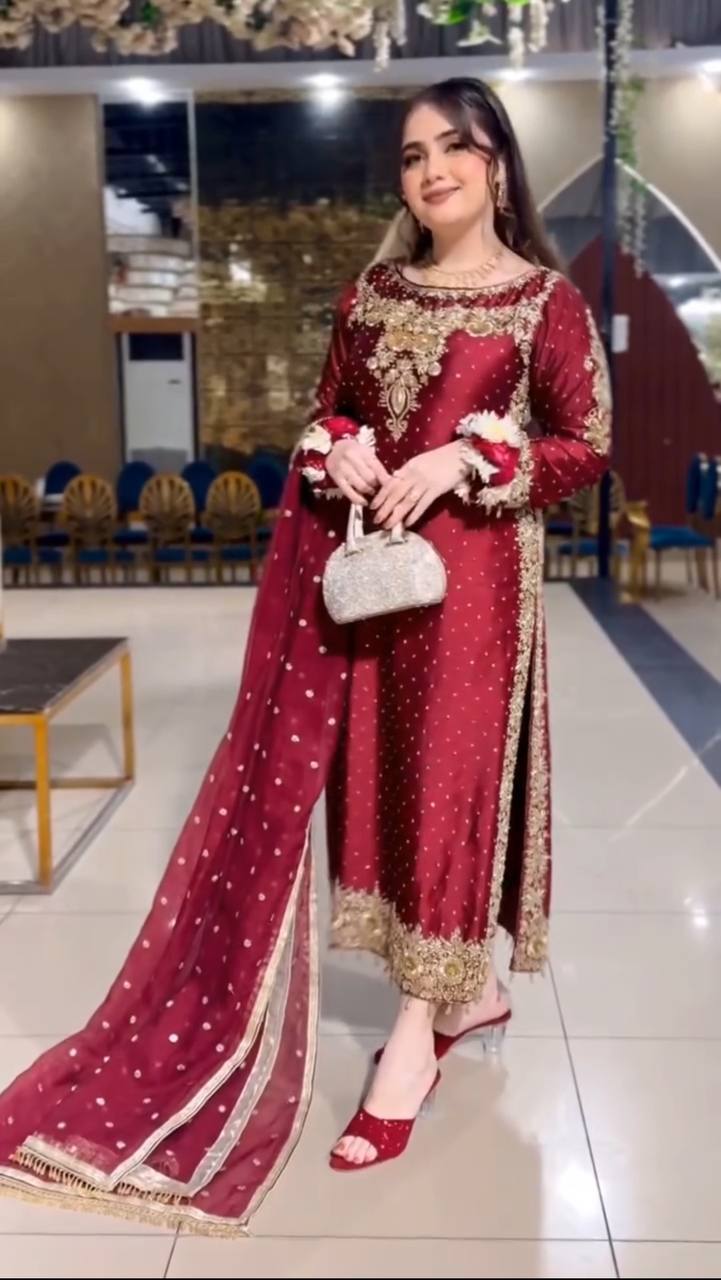 Heavy Satin Silk With Heavy Embroidery Sequence Work Dress set