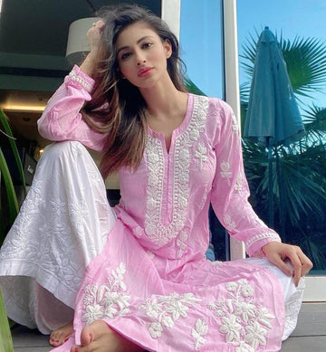 Baby Pink Rayon Cotton Chikankari Kurta Palazzo Set