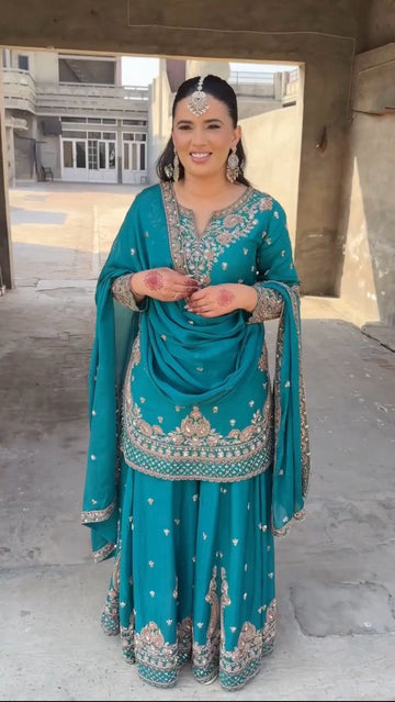 PARTY WEAR DESIGNER HEAVY Chinon Silk EMBROIDERY SEQUENCES SUIT SET