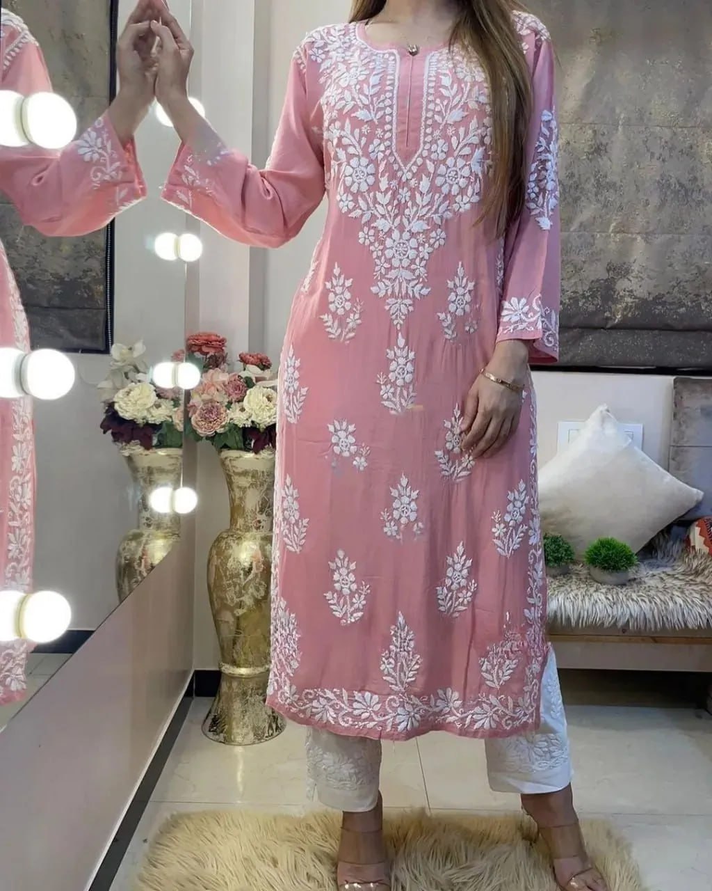 Rayon Cotton Chikankari Kurta With Palazzo
