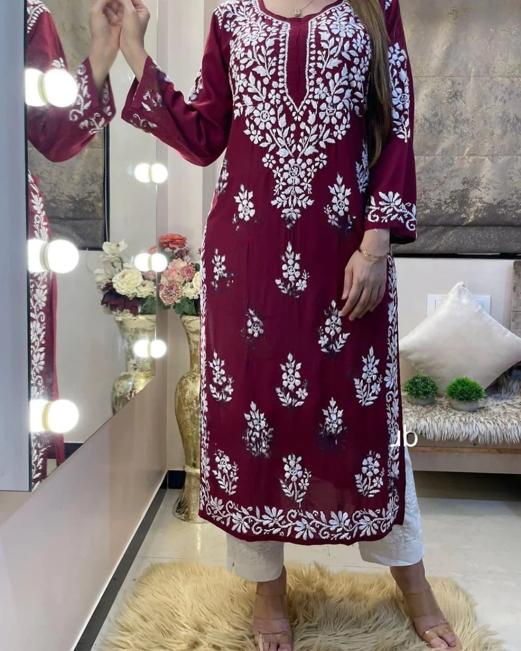 Maroon Rayon Cotton Chikankari Kurta Palazzo Set