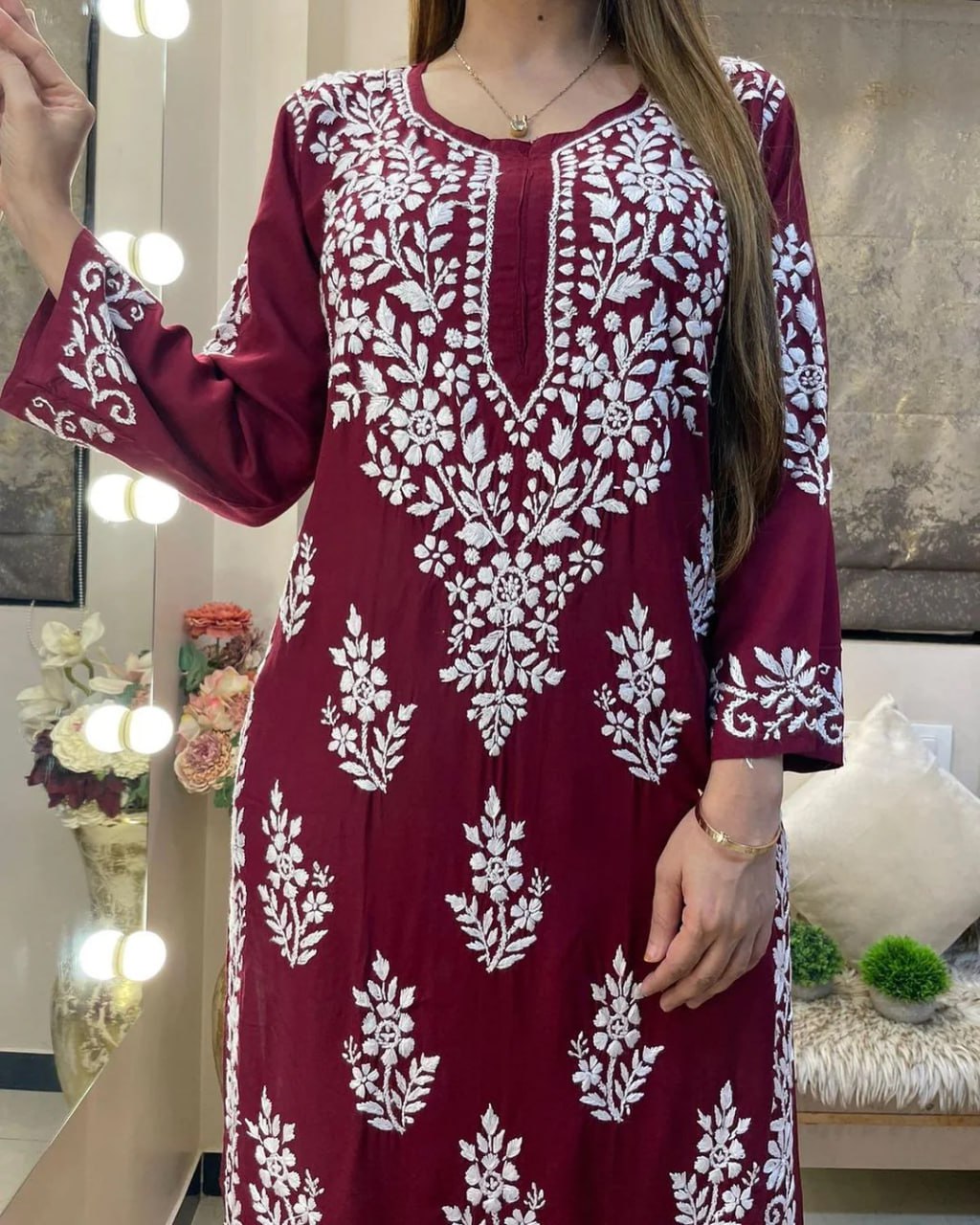 Maroon Rayon Cotton Chikankari Kurta Palazzo Set