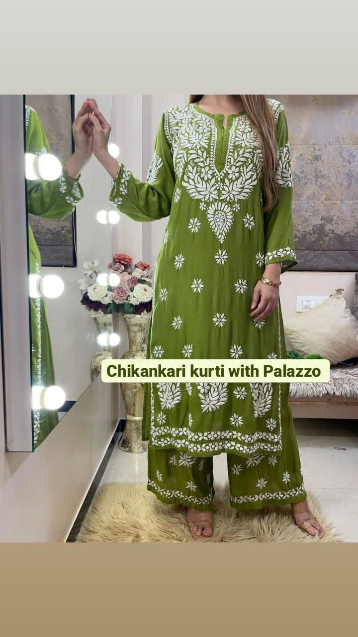 Rayon Cotton Chikankari Kurta With Palazzo Set