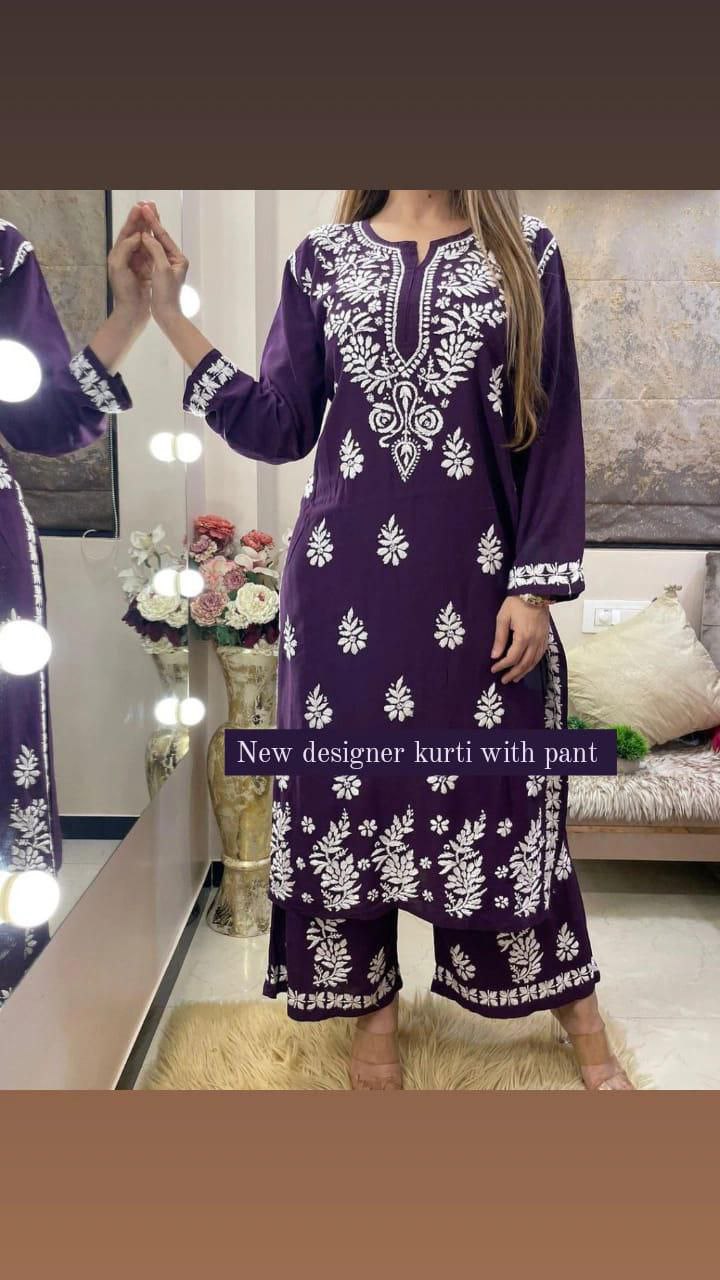 Rayon Cotton Chikankari Kurta With Palazzo Set